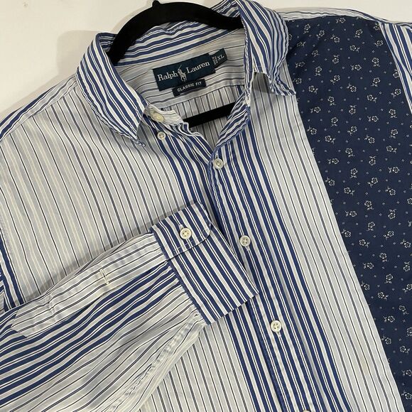 Ralph Lauren Button Down Shirt Sz XL Blue White Striped Patchwork Madras Stripe - Picture 1 of 5